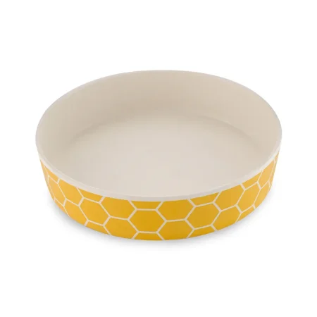 Comedero y bebedero de bambú para gatos, diseño sostenible con estampado de panel abejas